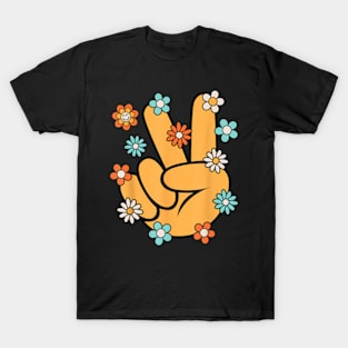 Hippie Peace Hand Groovy Flower Retro T-Shirt